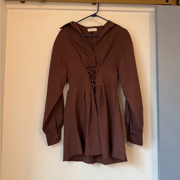 Goodnight Macaroon Chocolate Brown Lace Up Shirt Dress - Picture 4 of 8